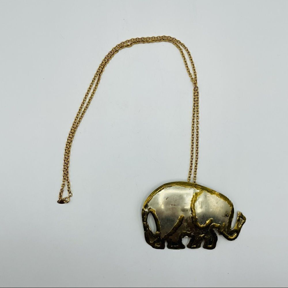 Vintage Handmade Primitive Metal Elephant Long Chain Necklace Brooch